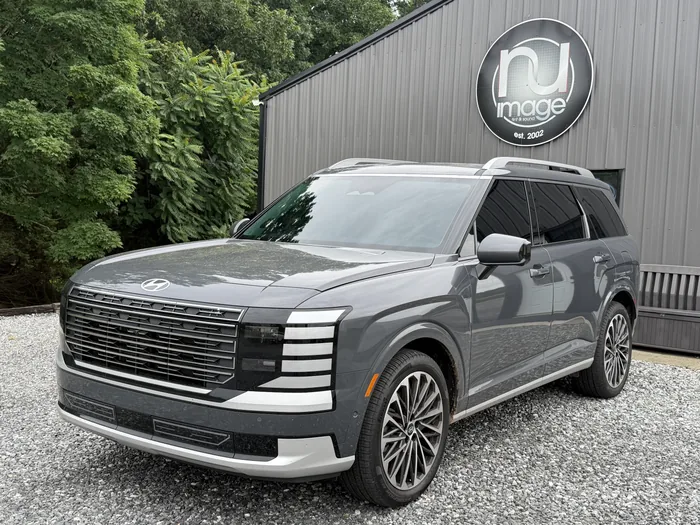 Grey Hyundai Palisade at three-quarter front angle with tinted glass